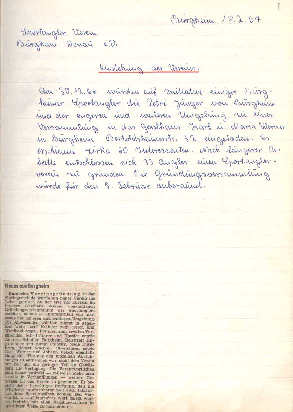 Gründungsniederschrift des SAV Burgheim